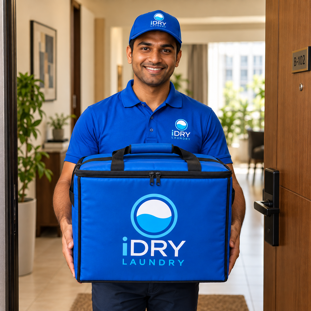 iDRY collector at the apartment door with a box