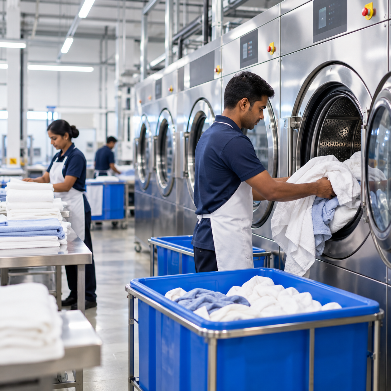 Industrial laundry facility washing clothes